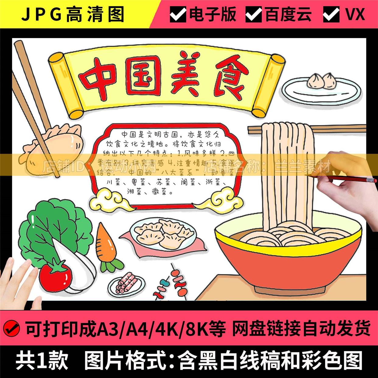 统传中国美食手抄报中华美食饮食食品小报黑白线稿涂色电子版