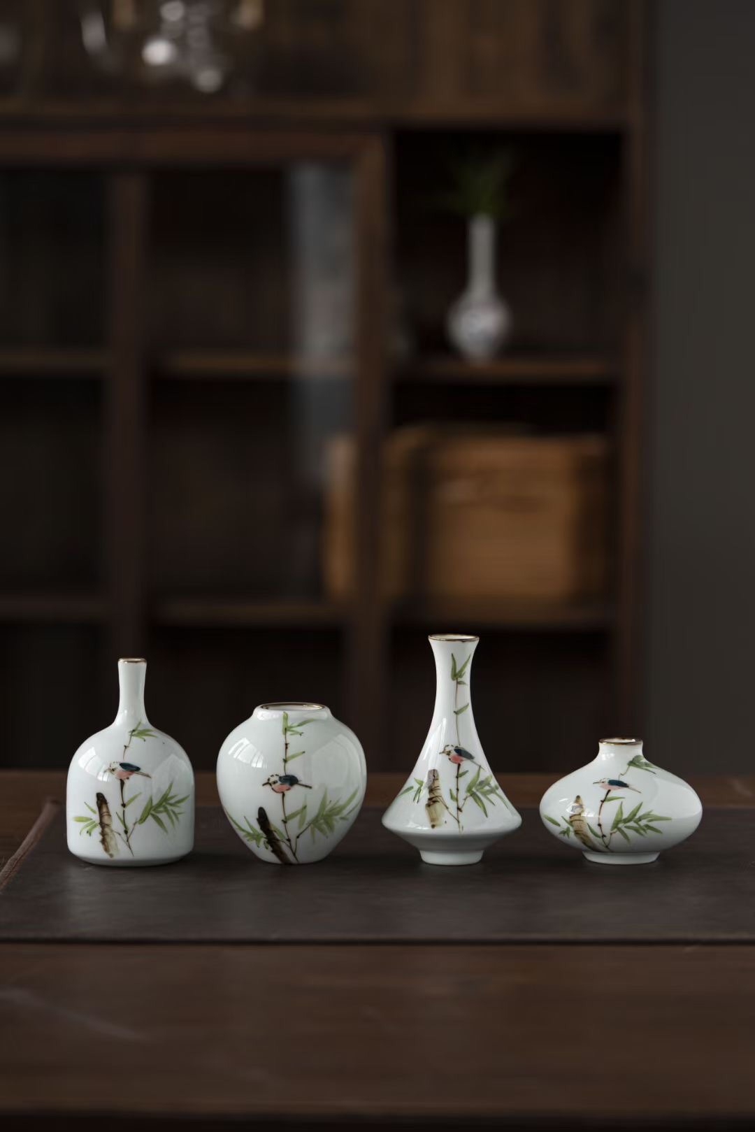 景德镇手绘竹叶翠鸟创意高级感花瓶插花花器摆件干花客厅中式简约