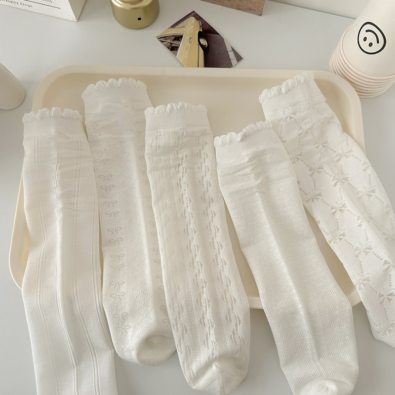 坚果妈咪 镂空网眼袜子女中筒袜夏季薄款花边白色透气长筒堆堆袜