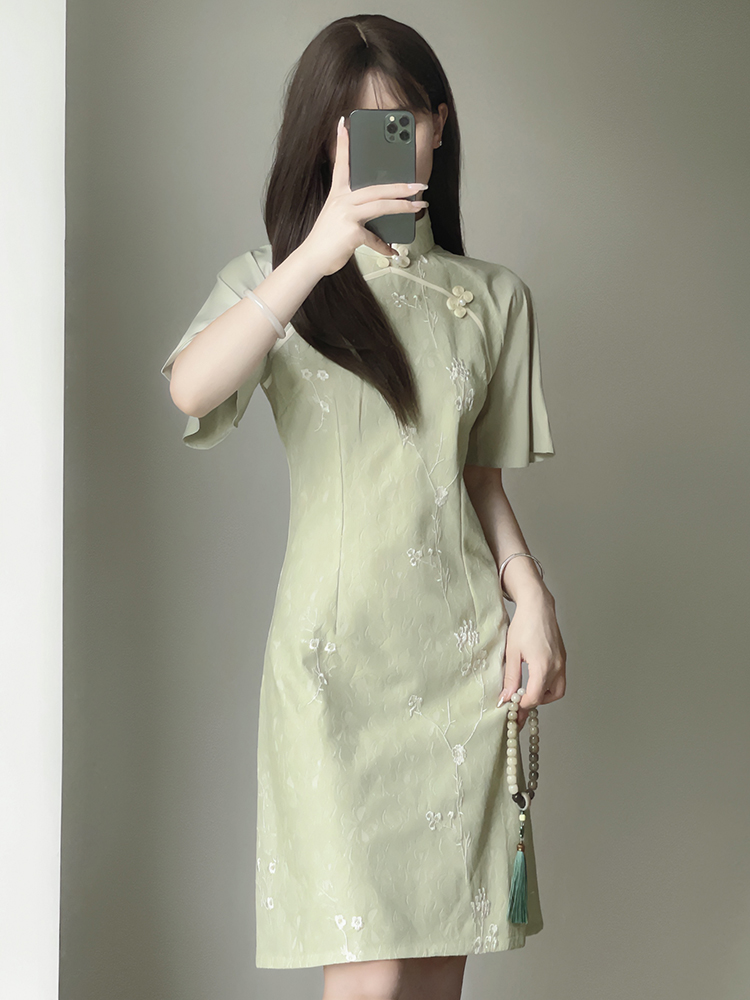 绿色蕾丝旗袍2024年夏季新款日常可穿年轻款少女小个子短款清新