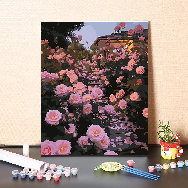 数字油画diy填充手工满院粉色玫瑰花风景画填色油彩手绘丙烯画画