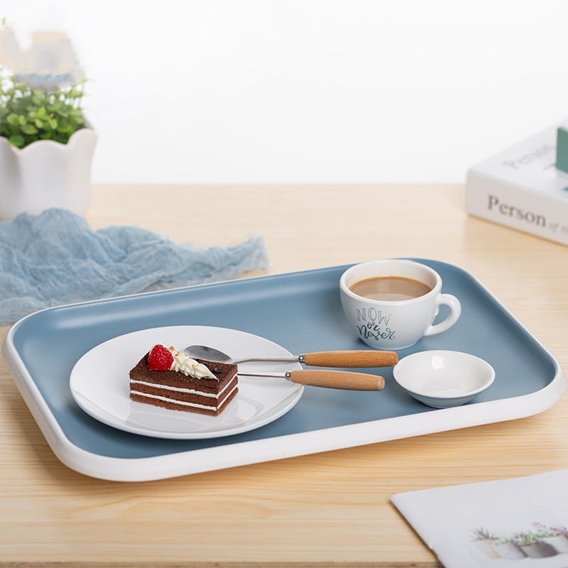 北欧蓝白家用大号托盘长方形塑料创意蛋糕水果盘子客厅茶盘西餐盘