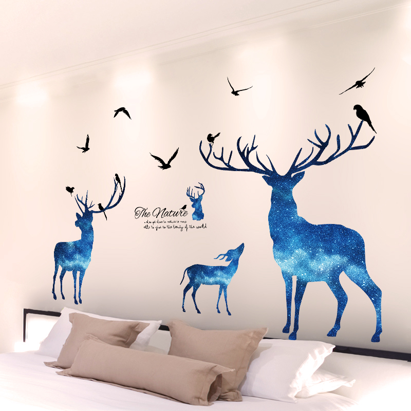 3d立体墙贴纸星空鹿贴画创意卧室房间床头背景墙画装饰墙壁纸自粘