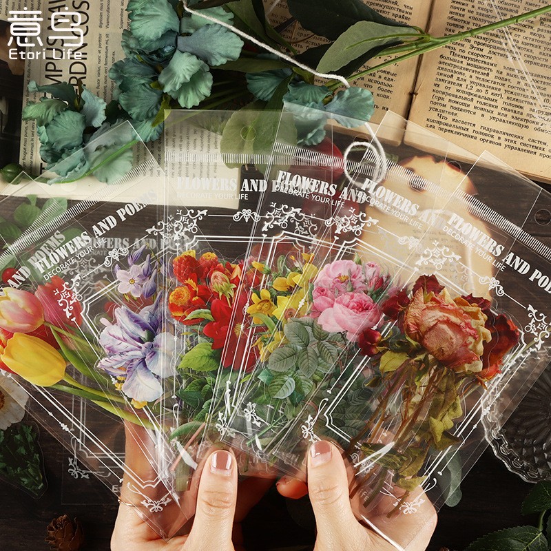 花与诗复古花草植物PET防水玫瑰图案贴纸diy手帐手机素材装饰贴画
