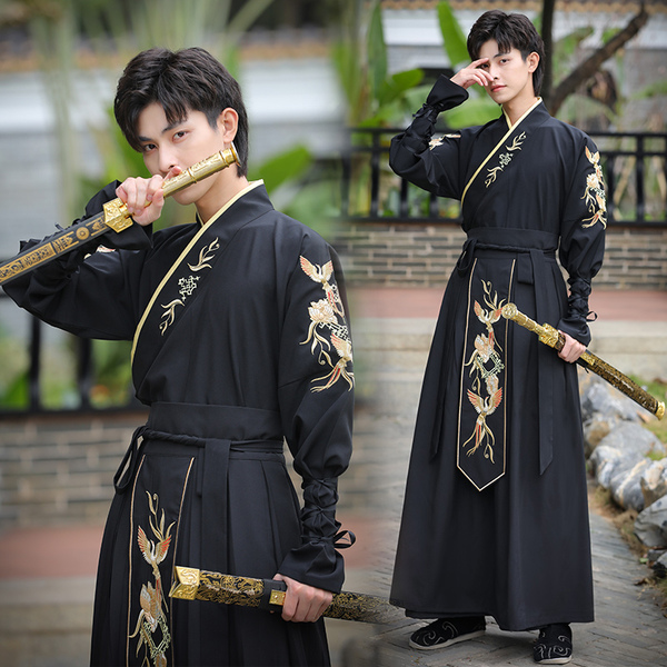 中国风古装大码交领长袖二件套汉服男生黑色武士书生剑客古风套装