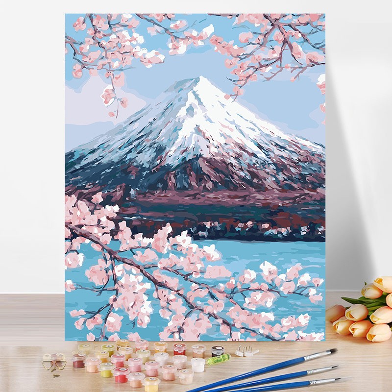 富士山diy数字油画系手工填充画画diy填色丙烯画风景油彩画治愈系