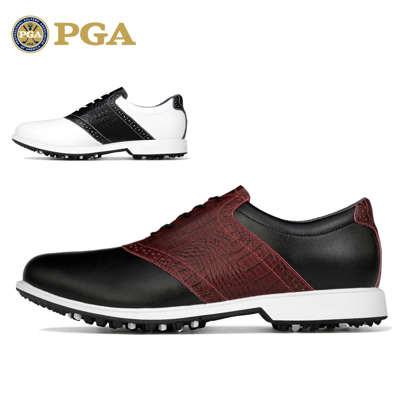 美国PGA 高尔夫球鞋 男士真皮鞋子 鳄鱼纹牛皮+透气超纤 防滑鞋钉