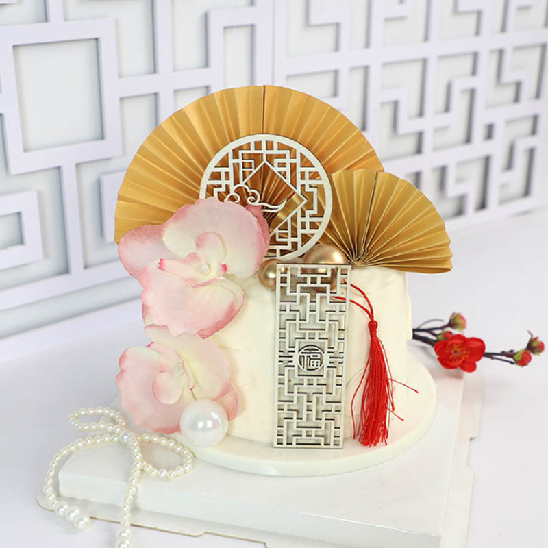 复古木质屏风新中式国潮水墨画红折扇蛋糕装饰摆件荷花山水画甜品