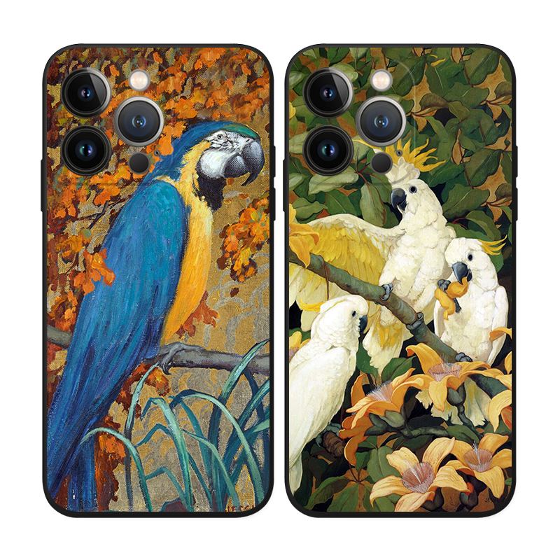 复古文艺鹦鹉油画美术生动物写生适用于iPhone15 ProMax/14 plus苹果13Pro手机壳12/11防摔保护壳套华为小米