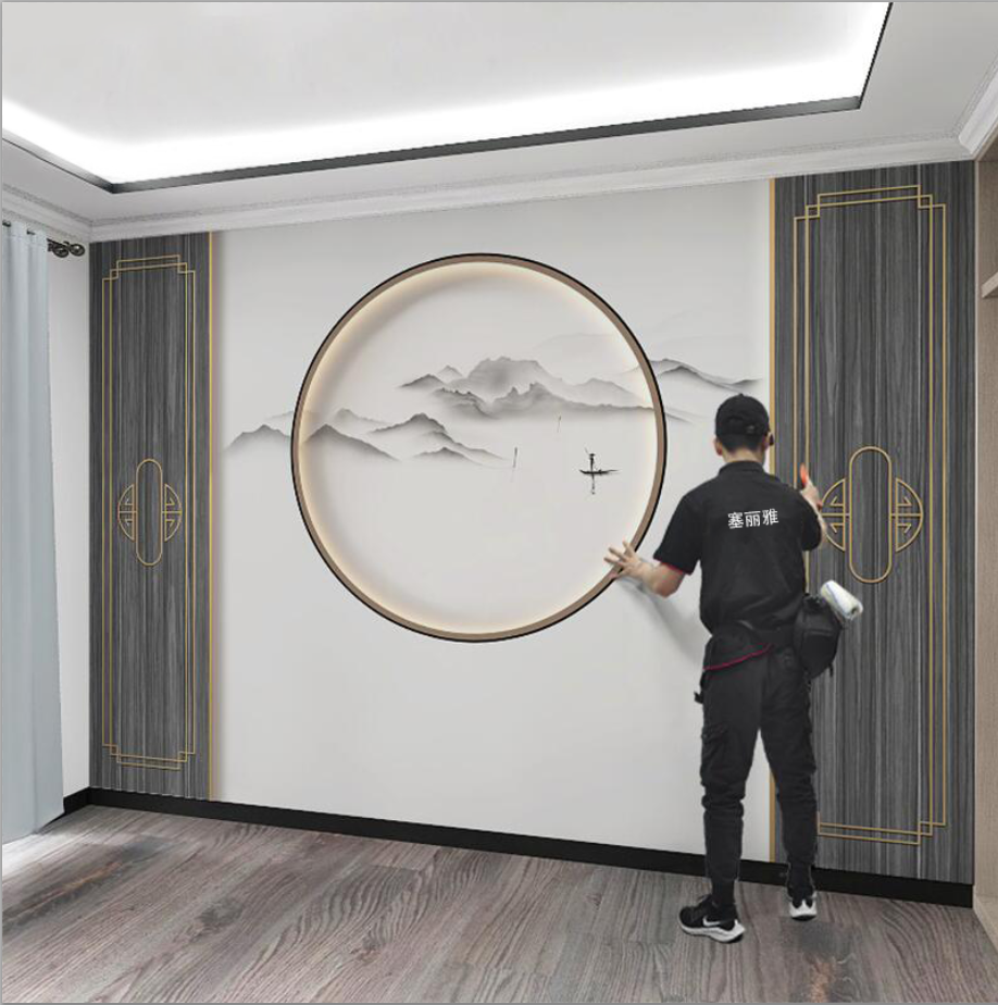 新中式水墨山水电视背景墙壁纸客厅沙发影视墙布圆形装饰定制壁画