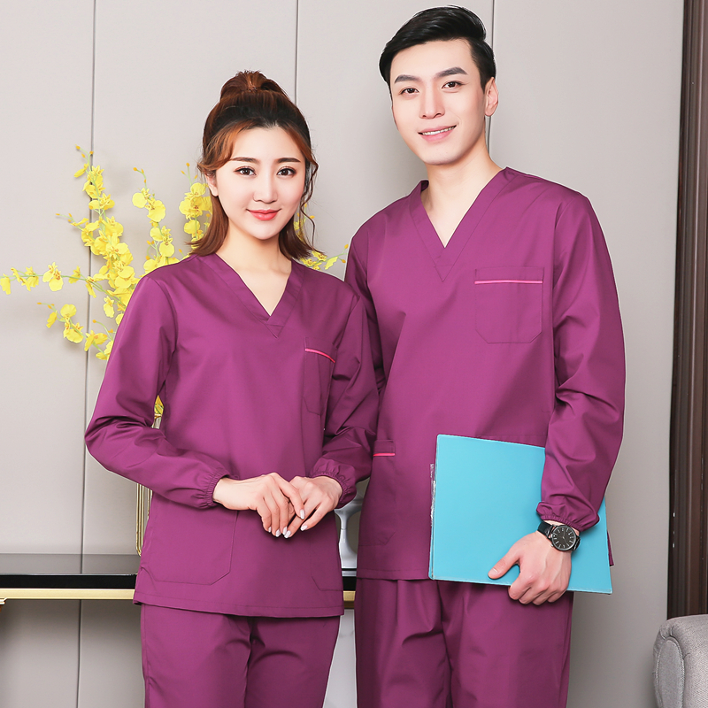 韩版紫色洗手衣短袖手术医生护士服女牙医美容院护理工作刷手服男