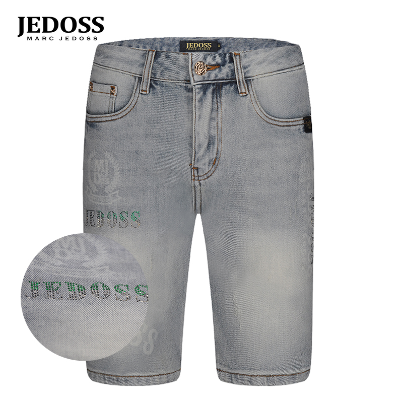 JEDOSS/爵迪斯年夏季新款牛仔裤烫钻印花LOGO时尚中分裤H048