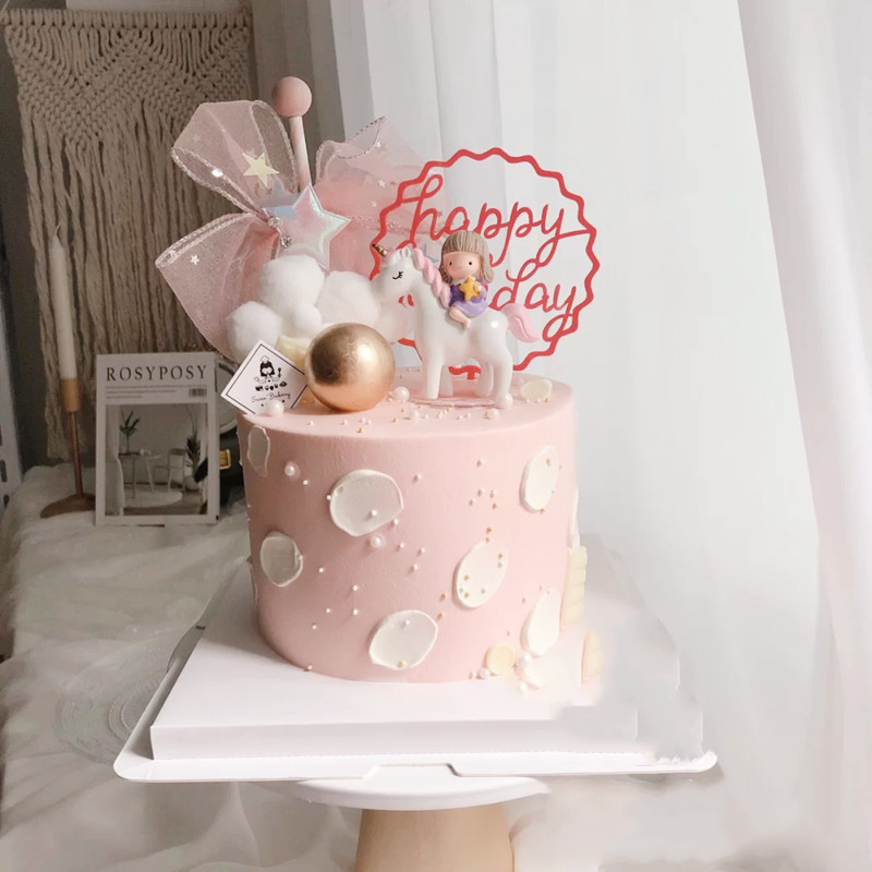 骑马女孩生日主题创意粉色蛋糕摆件儿童宝宝周岁满月烘焙装饰甜品