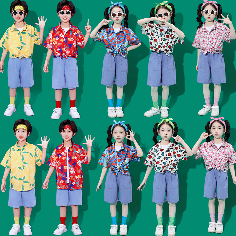 六一港风儿童啦啦队演出服幼儿园复古花衬衫小学生走秀服表演服装