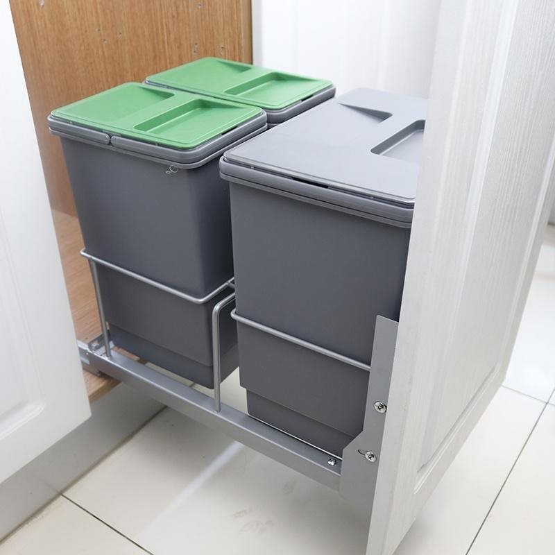 2020新款厨房阻尼轨抽拉隐藏嵌入式垃圾桶带盖橱柜内置米面分类收