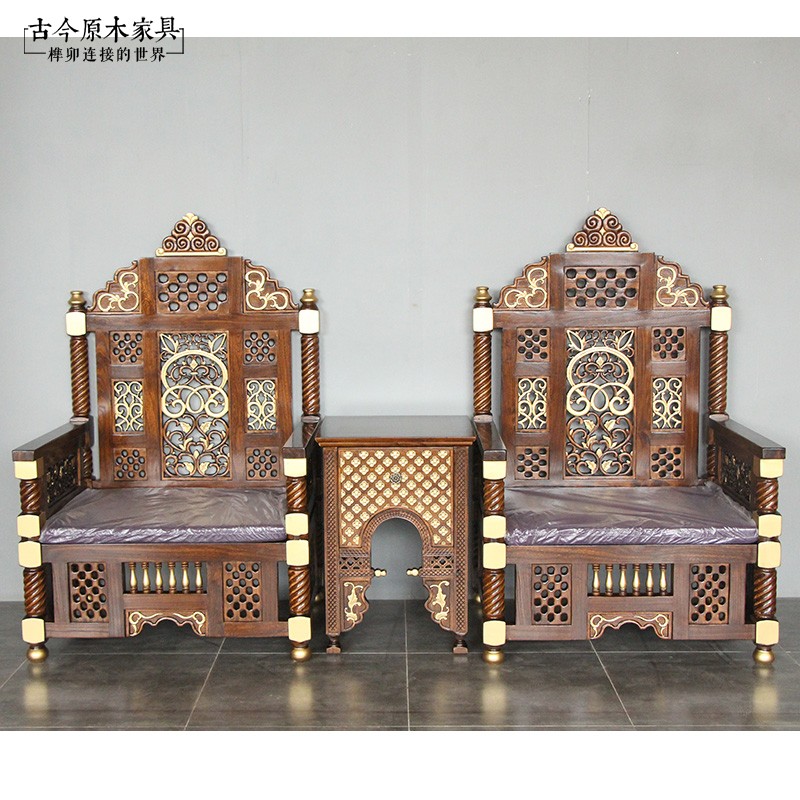 古今原木东南亚泰式描金家具CH247GD摩洛哥风格实木宝座椅国王椅