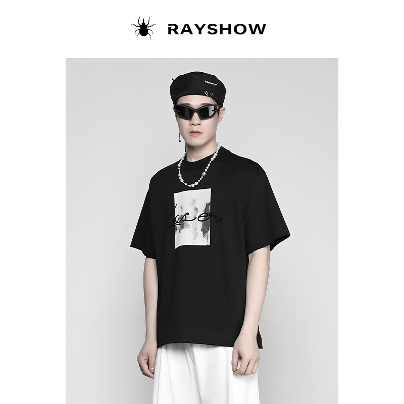 RAYSHOW·雷修｜植绒艺术字 抽象水墨印花高品质宽松休闲短袖T恤