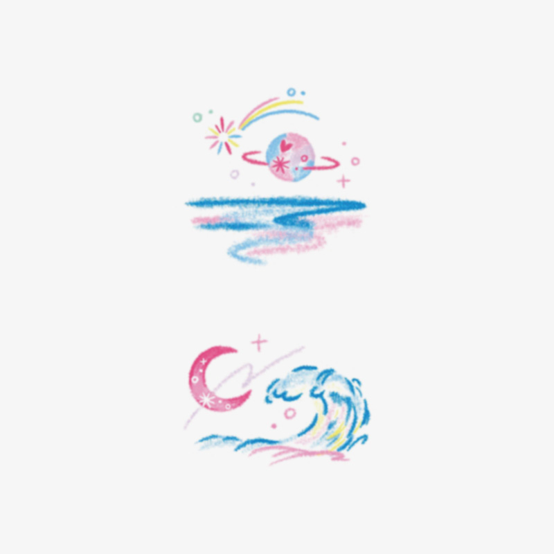 彩色可爱的小清新蜡笔日出月亮海洋卡通纹身贴韩国ins防水纹身贴