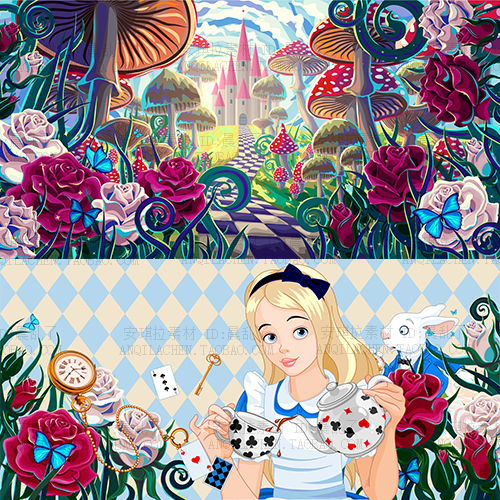 童话爱丽丝Alice梦游仙境场景背景元素矢量AI设计素材