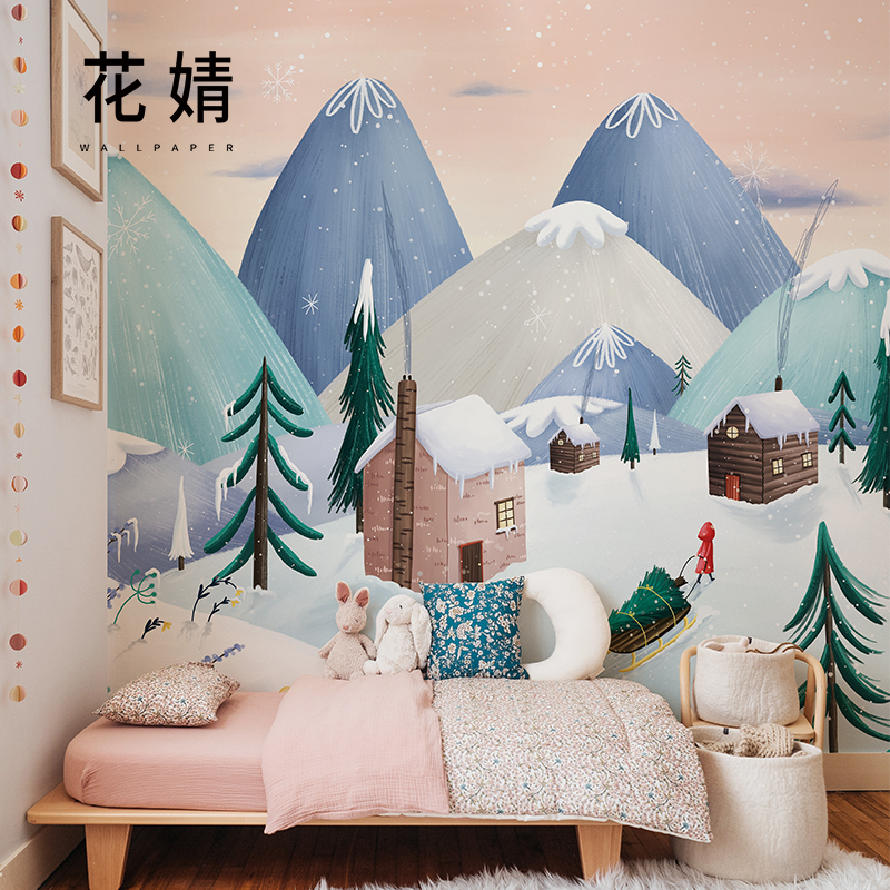 北欧童话雪景儿童房墙布无纺布定制壁画ins风女孩卧室家用墙壁纸
