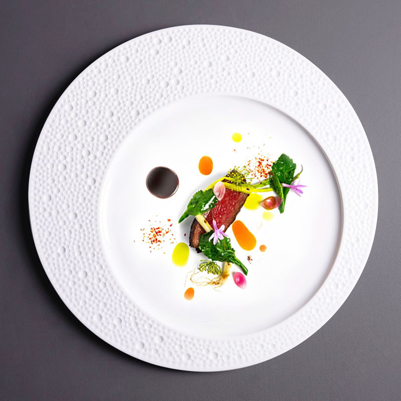 西餐厅创意陨石平盘牛排盘会所冷菜盘玉白色质感摆盘双圆点心盘