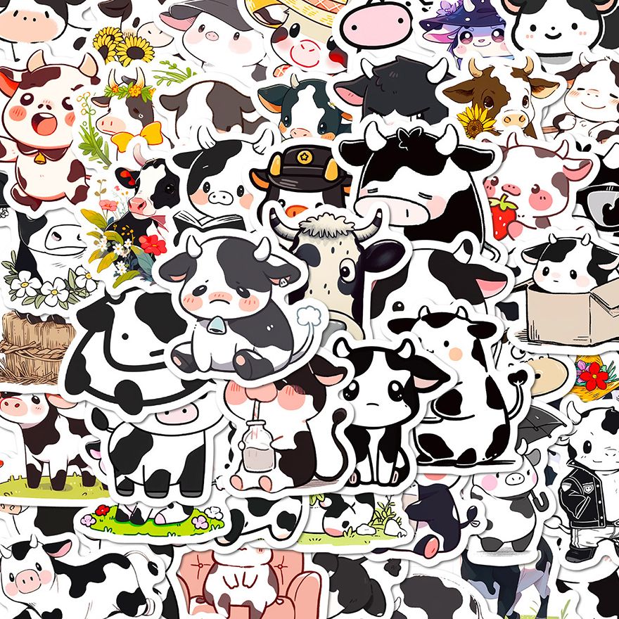 100张黑白奶牛贴纸卡通可爱趣味少女心装饰手账笔记本手机壳贴画