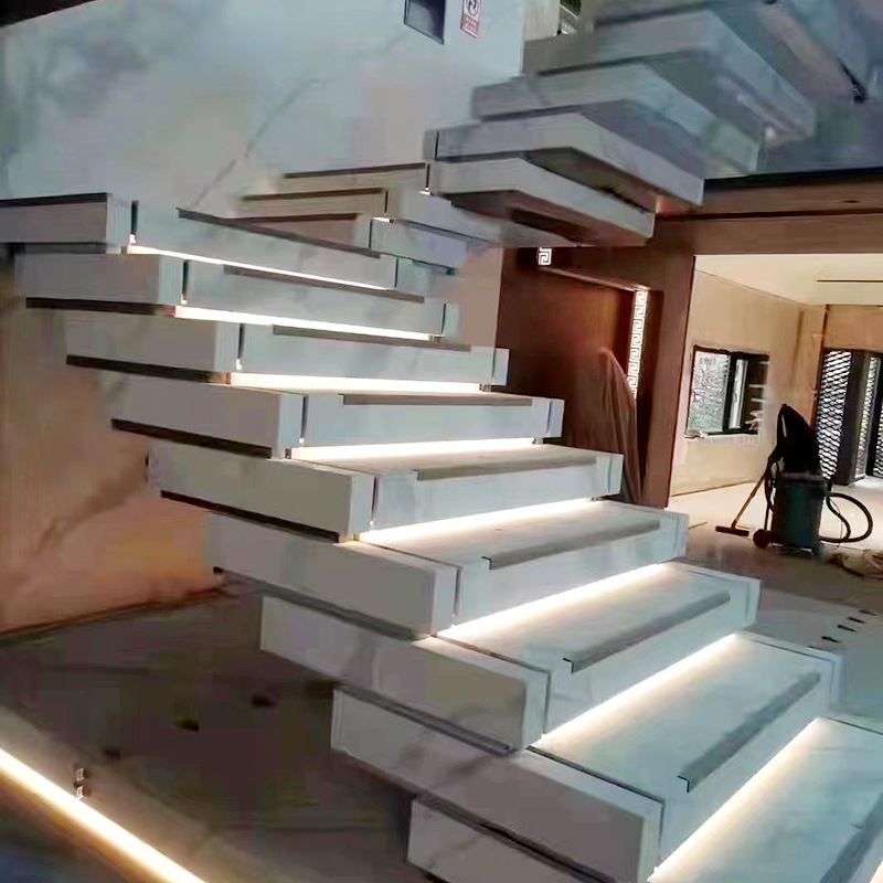 堆叠式楼梯现代艺术悬浮钢结构堆叠式楼梯 钢化玻璃扶手 木质踏板
