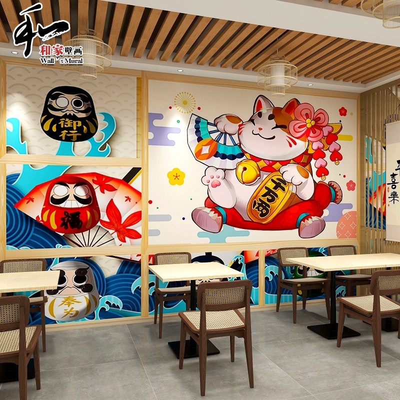 日式卡通招财猫墙纸日本和风浮世绘烤肉拉面店寿司料理餐厅壁纸