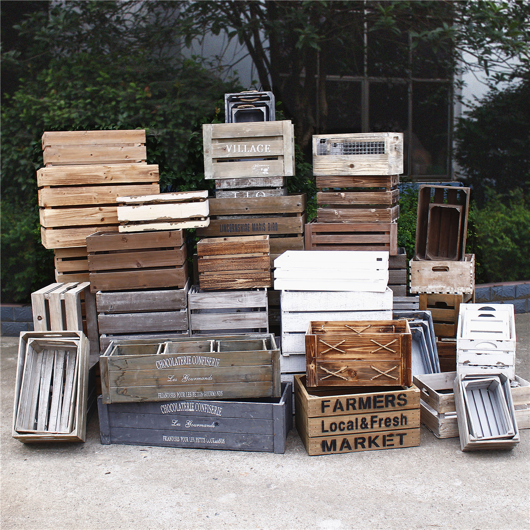 孤品集合-美式乡村复古做旧木箱子实木收纳木框箱装饰木条箱木筐
