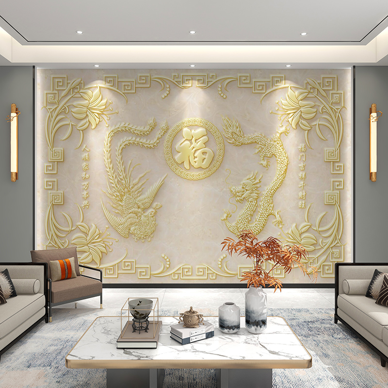 8d立体中式福字电视背景墙壁纸客厅沙发装饰壁布现S代3D百福图壁