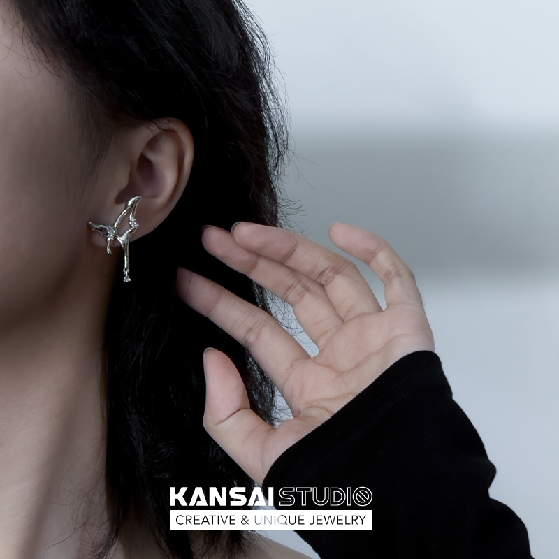 KANSAI新款带钻液态蝴蝶耳钉创意小众设计感耳环酷潮高级感耳饰品