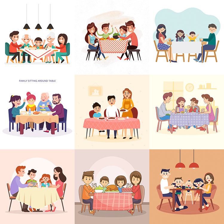 一家人吃饭插画 扁平化温馨家庭餐桌聚餐场景 AI格式矢量设计素材