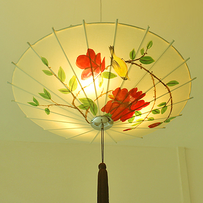 简约现代新中式手绘布艺吊灯古典圆形雨伞灯笼茶楼餐厅会所工程灯