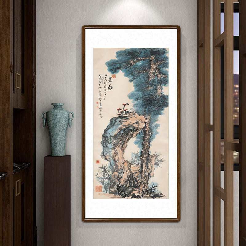 国画水墨画松树中式客厅玄关装饰画走廊过道竖版挂画张大千嵩寿图