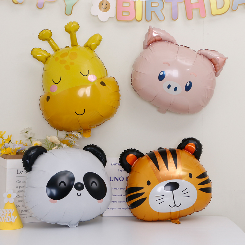 卡通汽球周岁背景墙宝宝生日装饰场景布置老虎头熊猫动物铝膜气球