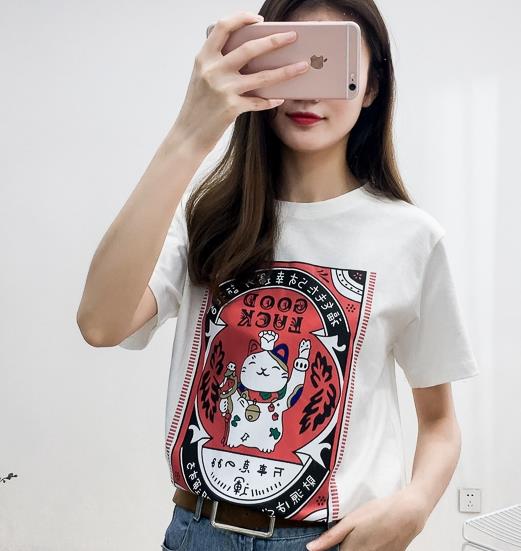 外贸原单 夏季 日式招财猫印花图案宽松圆领棉质短袖T恤 上衣白色