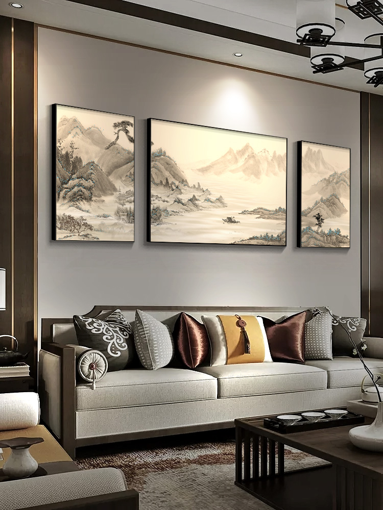 新中式山水风景客厅装饰画大气三联沙发背景墙挂画东墙壁画艺术画