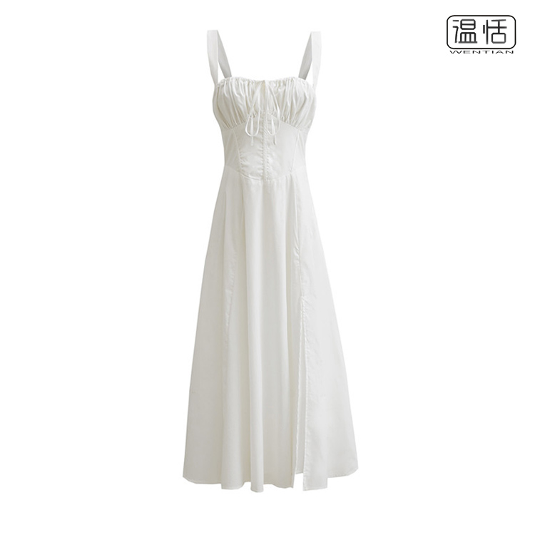 【包邮】白色连衣裙女领口抽绳系带低胸中长款收腰显瘦开叉吊带裙