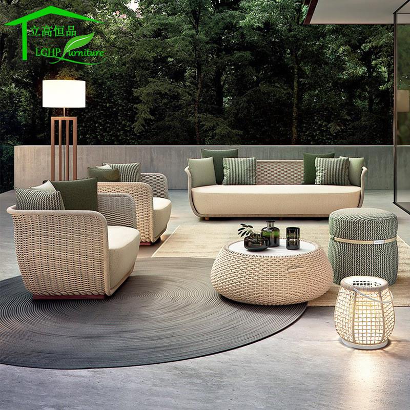 户外沙发简约现代家居北欧庭院花园设计户外桌椅架空层绳编沙发