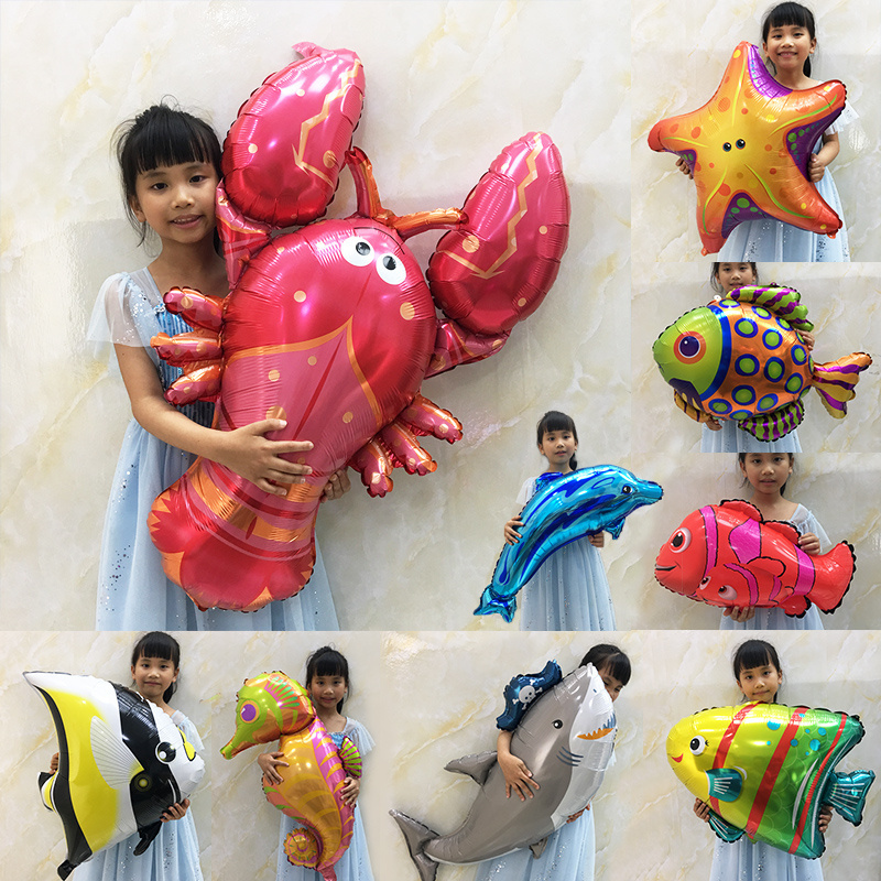海洋气球大号鲨鱼鲢鱼海豚海马龙虾贝壳小丑热带鱼海星美人鱼尾巴