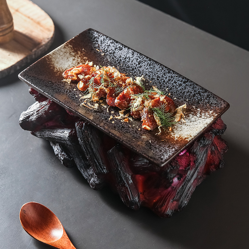 网红火山木炭造型韩式日式烤肉盘子可放干冰冒烟意境创意摆盘餐具