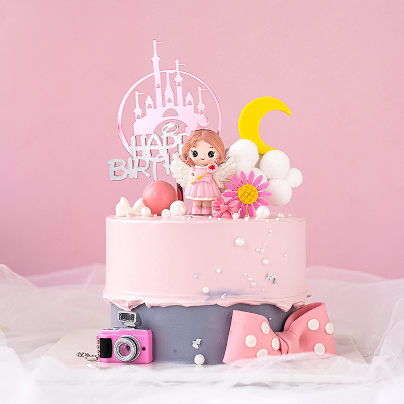 儿童可爱粉色安娜公主生日蛋糕装饰摆件唯美梦幻女孩蝴蝶结插件