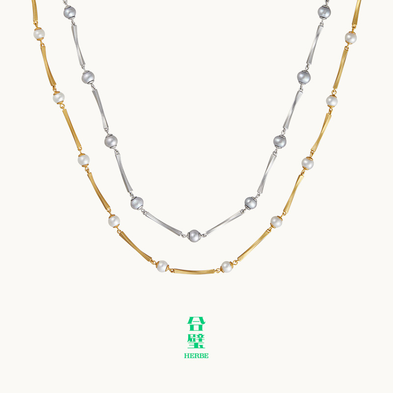 [明星同款]HERBE合璧 旋转金珠项链 叠戴配链 小金棍搭配天然珍珠