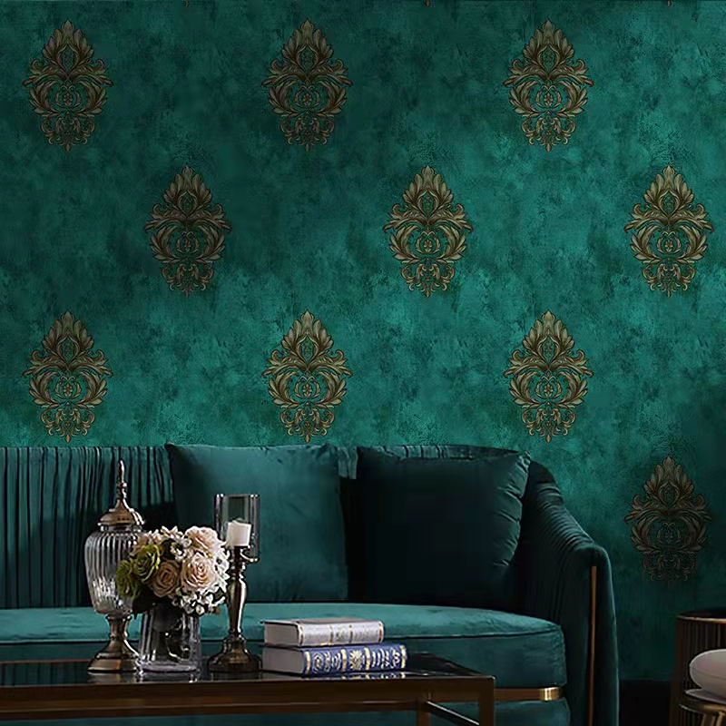孔雀绿壁纸墨绿色3D立体电视背景墙欧式大马士革复古美式墙纸客厅