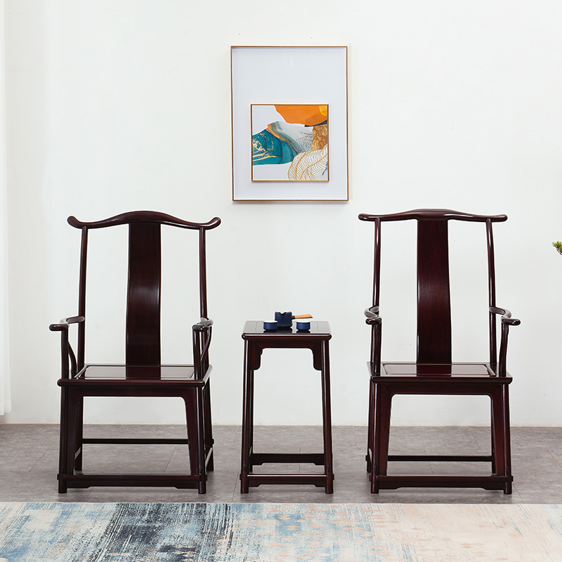 红木家具赞比亚血檀官帽椅三件套实木中式茶椅非洲小叶紫檀靠背椅