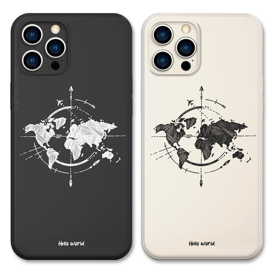 手绘世界地图简约华为MATE60手机壳苹果15ProMax适用iPhone14黑白情侣涂鸦Pura70小米14防摔全包软红米K70