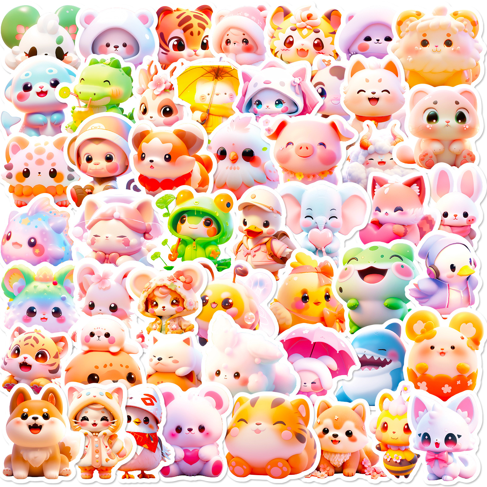 50张可爱粉色动物贴纸新品卡通动漫3D头像涂鸦贴纸DIY行李箱贴纸