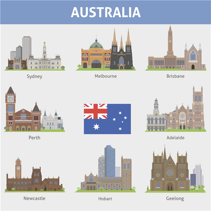 A1122矢量AI设计素材 扁平化澳大利亚图标建筑城市墨尔本悉尼国旗