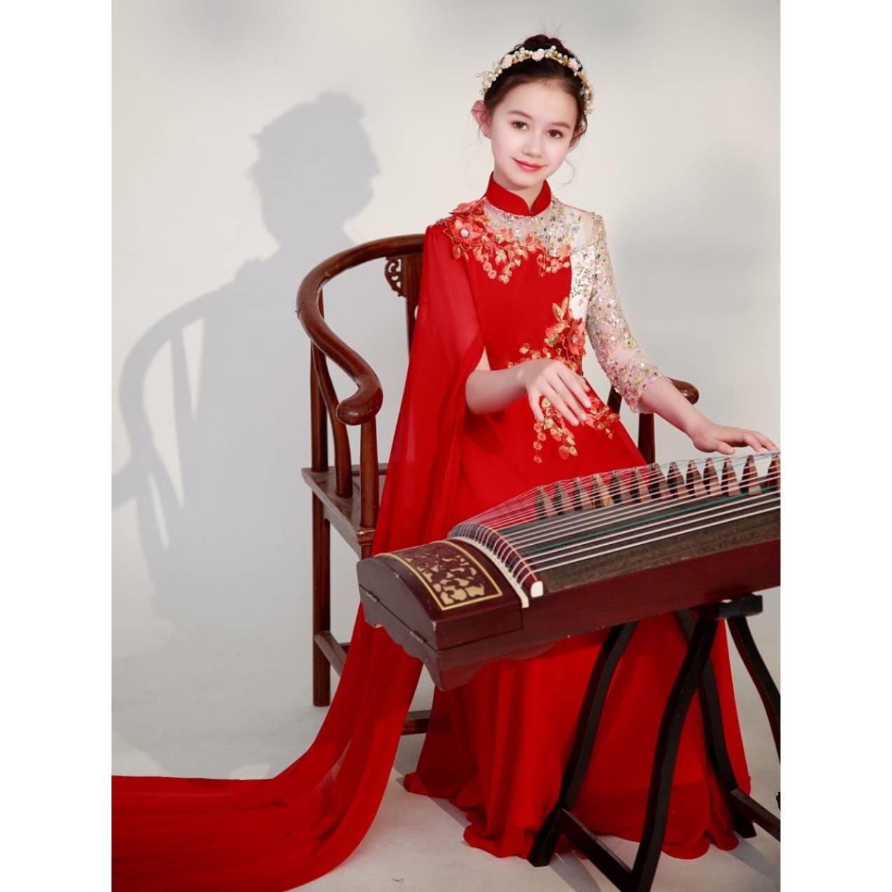新款儿童古筝演出服女大童琵琶民乐艺考演奏服礼服雪纺长裙红色