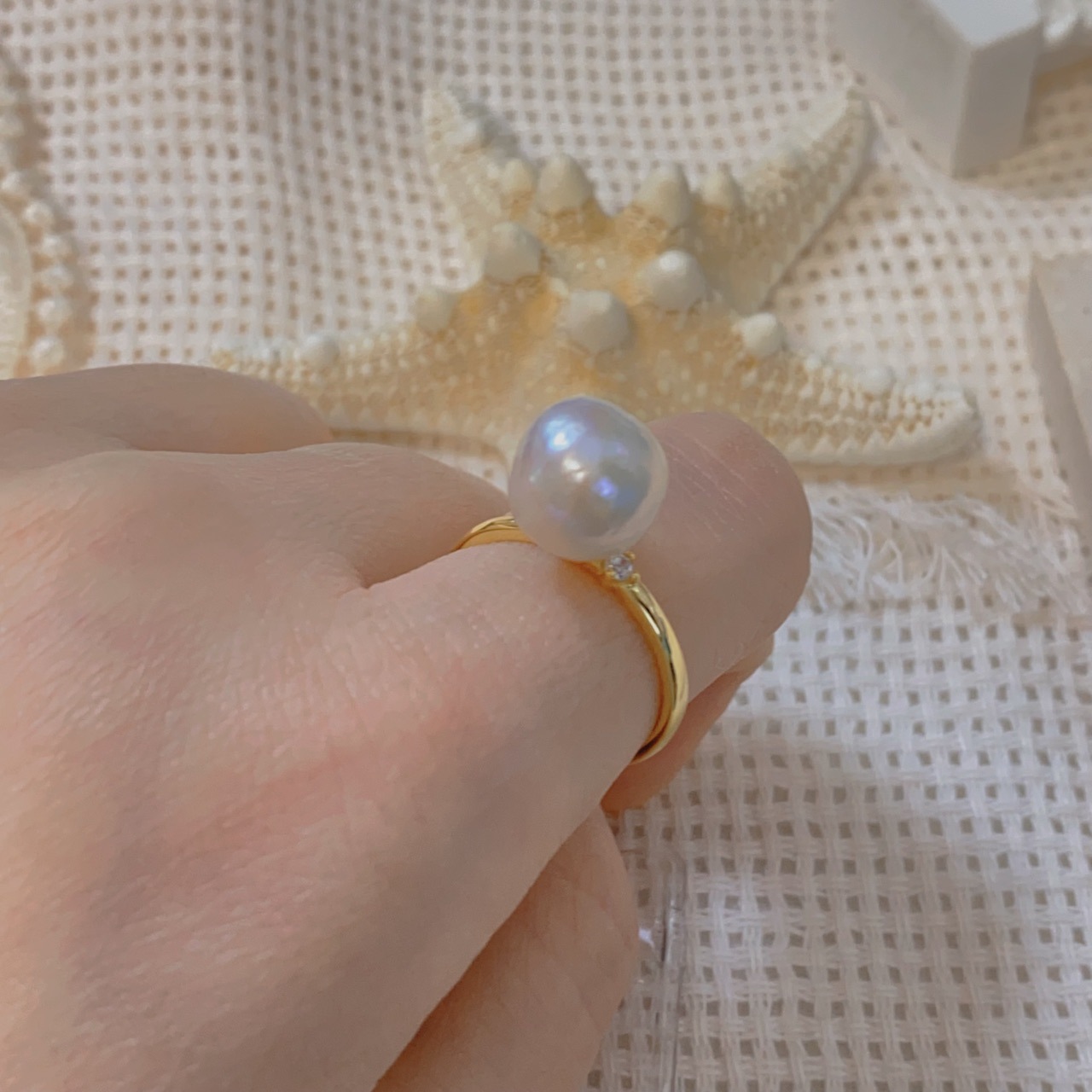 天然爱迪生巴洛克珍珠戒指 皱皮时尚小众设计风格925银开口圈镀金